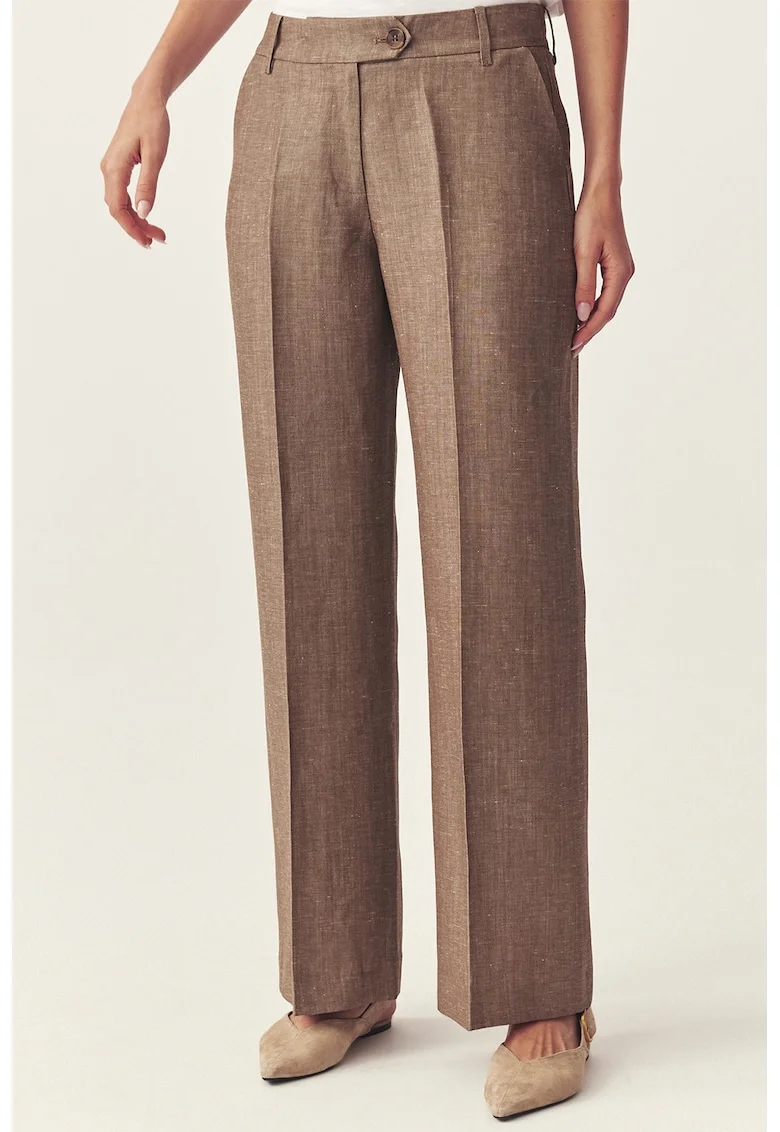 Pantaloni din in si lana cu croiala ampla, Maro