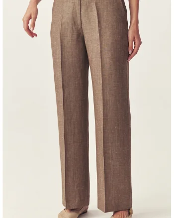 Pantaloni din in si lana cu croiala ampla, Maro