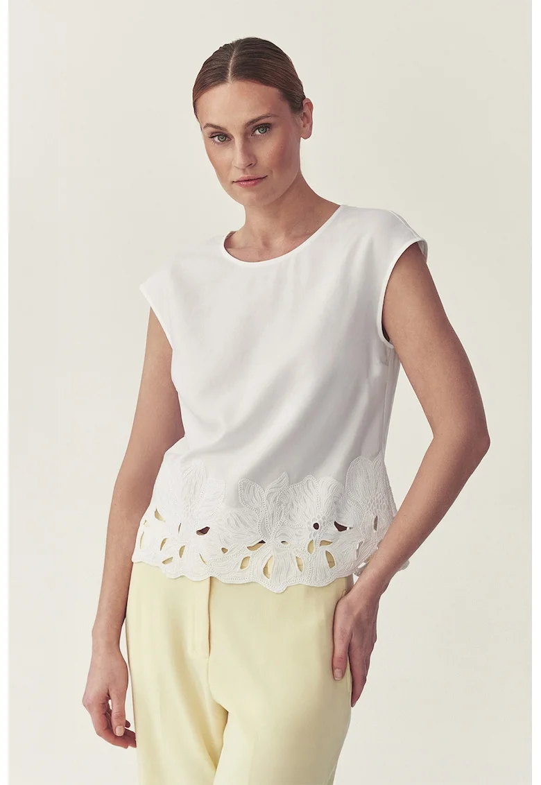 Bluza din amestec de lyocell cu broderie la terminatie, Alb