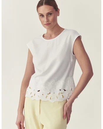 Bluza din amestec de lyocell cu broderie la terminatie, Alb