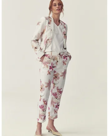 Pantaloni crop cu model floral, Alb murdar/Roz