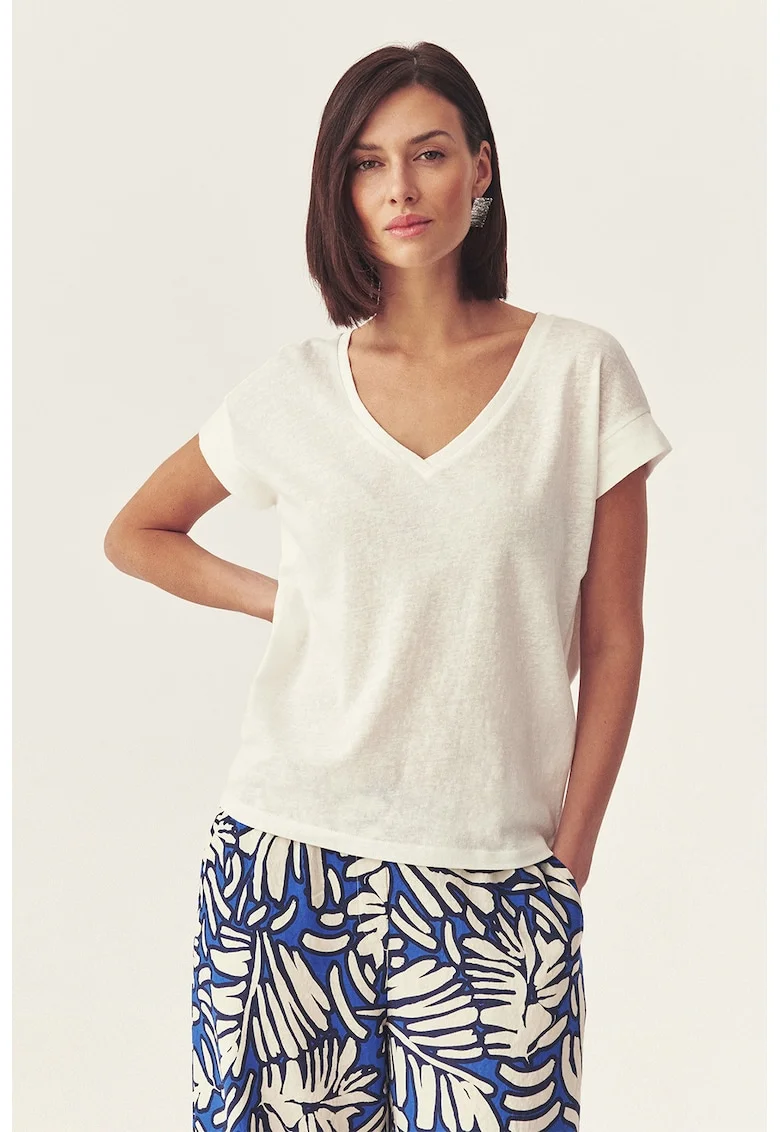 Tricou cu decolteu in V si aspect semitransparent, Alb murdar