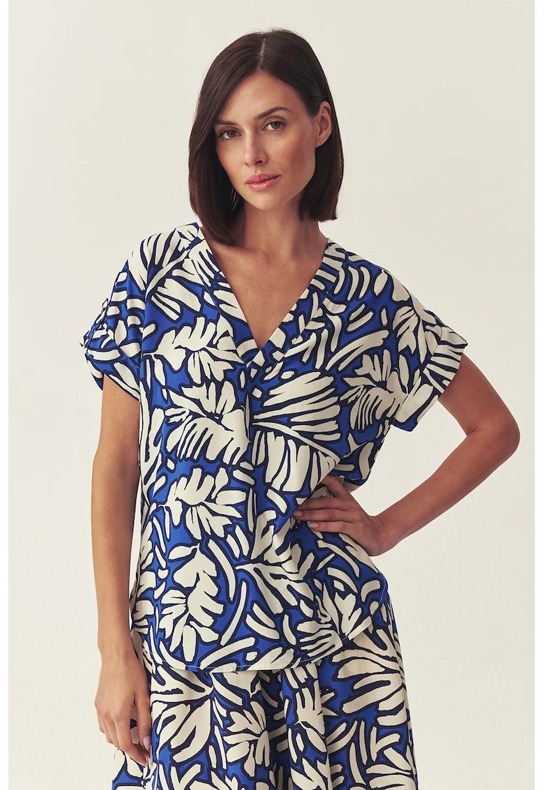 Bluza cu decolteu in V si model Tikini, Alb/Albastru royal