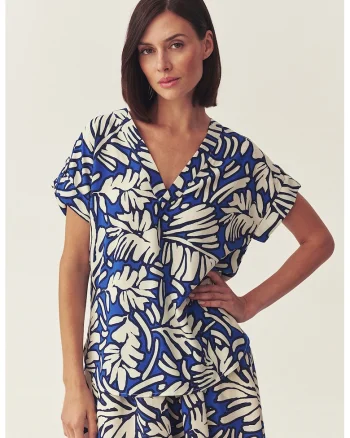 Bluza cu decolteu in V si model Tikini, Alb/Albastru royal
