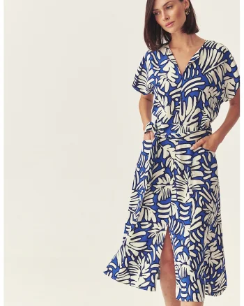 Rochie cu imprimeu si decolteu in V, Alb/Albastru royal