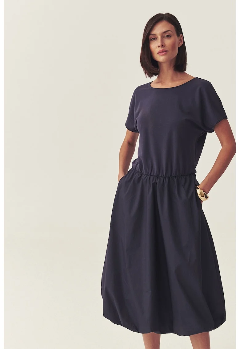 Rochie evazata cu decolteu in V si buzunare laterale, Bleumarin
