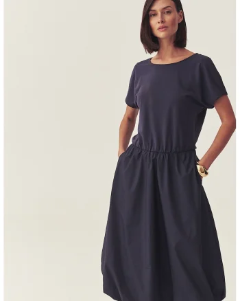 Rochie evazata cu decolteu in V si buzunare laterale, Bleumarin