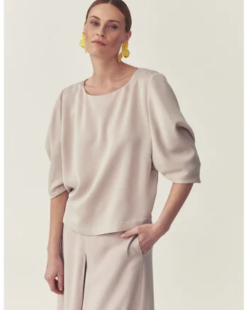 Bluza cu model uni si maneci bufante, Bej sampanie