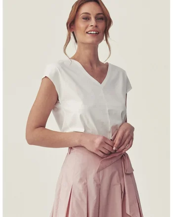 Tricou cu decolteu in V si model uni, Alb