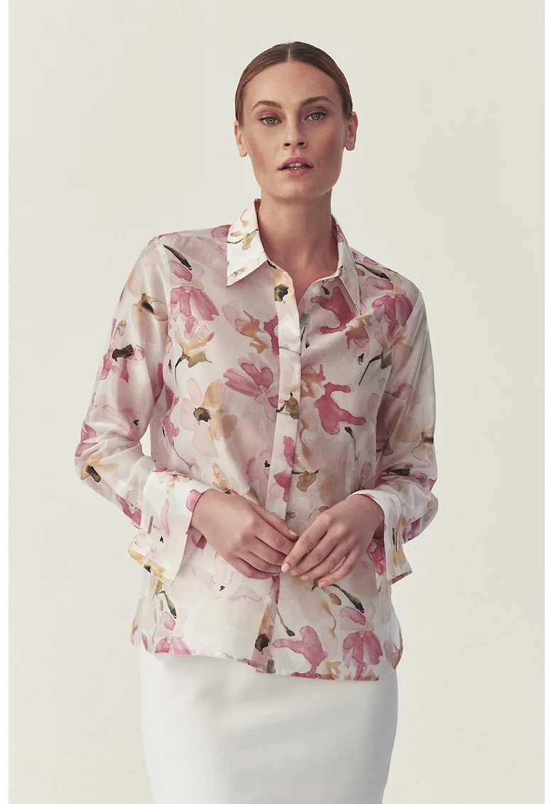 Camasa din amestec de lyocell cu model floral, Alb murdar/Roz