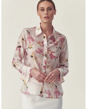 Camasa din amestec de lyocell cu model floral, Alb murdar/Roz