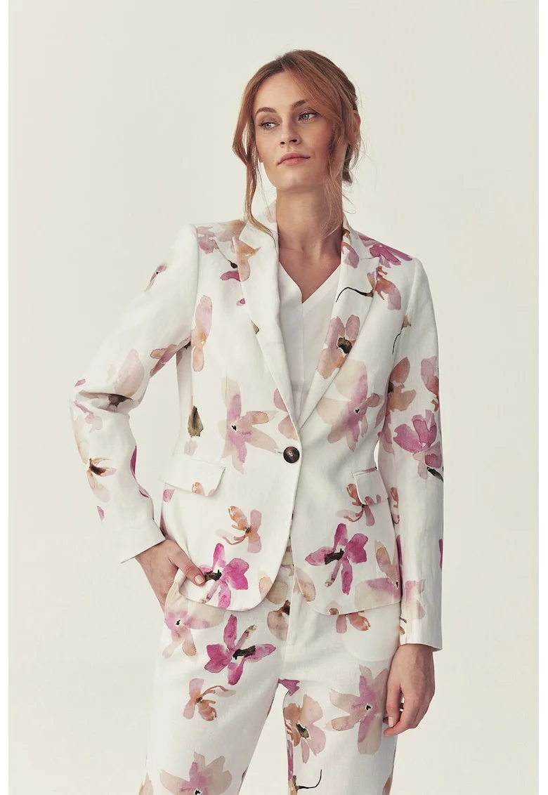 Sacou din in cu model floral, Alb murdar/Roz