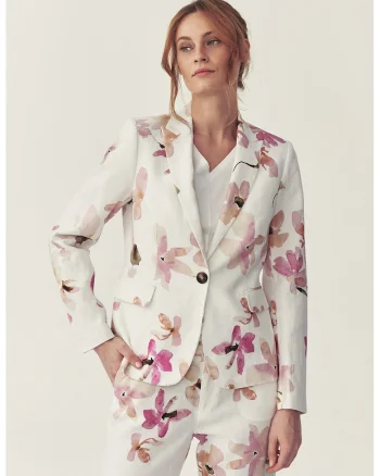 Sacou din in cu model floral, Alb murdar/Roz