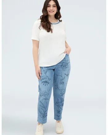 Tricou din amestec de modal cu insertii din denim, Alb