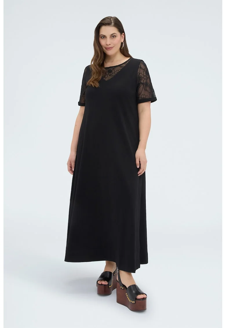 Rochie lunga cu insertii din dantela cu model floral, Negru