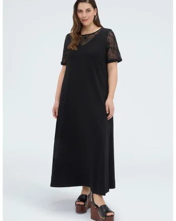 Rochie lunga cu insertii din dantela cu model floral, Negru