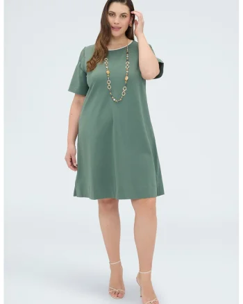 Rochie scurta cu croiala evazata si insertii din dantela cu model floral pe maneci, Verde sparanghel