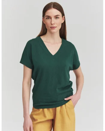 Tricou uni cu decolteu in V, Verde padure