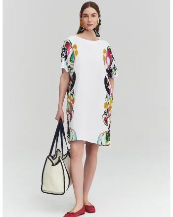 Rochie dreapta din amestec de in cu model grafic, Alb/Albastru ultramarin/Galben sofran