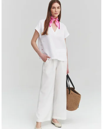 Pantaloni de in cu croiala ampla, Alb