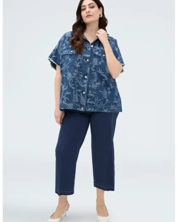 Camasa din denim cu model floral, Albastru