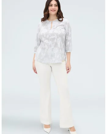 Bluza cu design floral si dungi, Alb/Gri