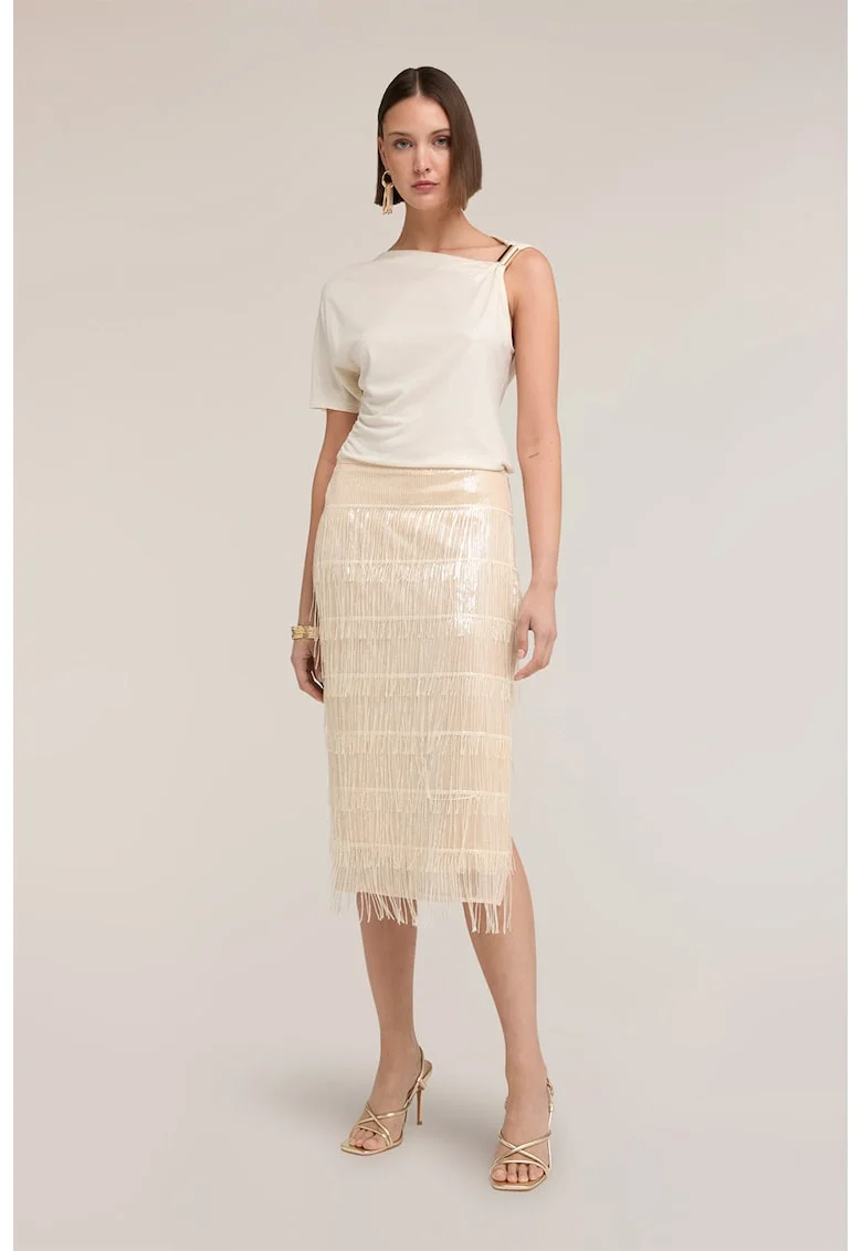 Fusta midi cu slit lateral, Crem
