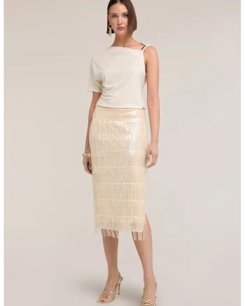 Fusta midi cu slit lateral, Crem