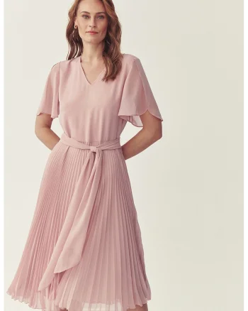 Rochie midi plisata cu maneci semitransparente, Roz stins