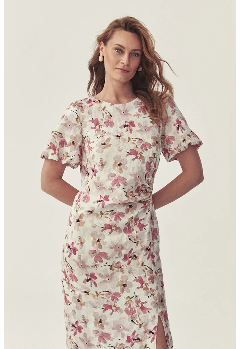 Rochie cambrata cu model floral si slit frontal, Roz/Crem