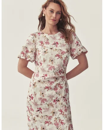Rochie cambrata cu model floral si slit frontal, Roz/Crem