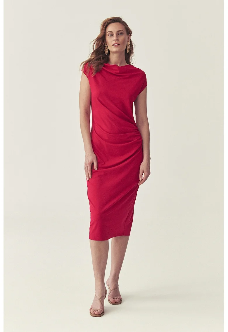 Rochie midi cambrata cu aspect drapat, Rosu