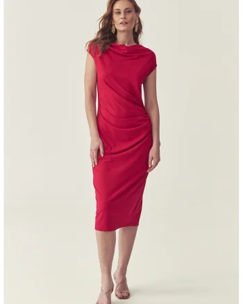 Rochie midi cambrata cu aspect drapat, Rosu