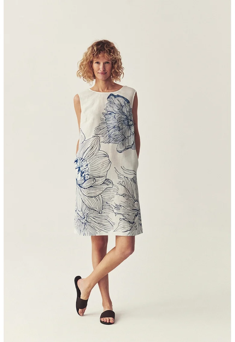 Rochie lejera din in, Albastru/Crem