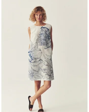 Rochie lejera din in, Albastru/Crem