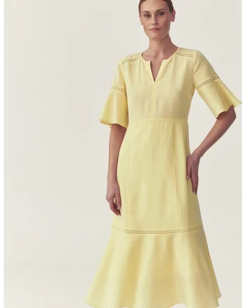 Rochie midi din amestec de lyocell cu terminatie cu volane, Galben pal