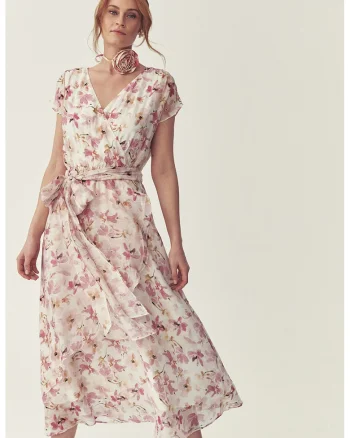 Rochie midi evazata cu model floral si cordon in talie, Roz/Crem