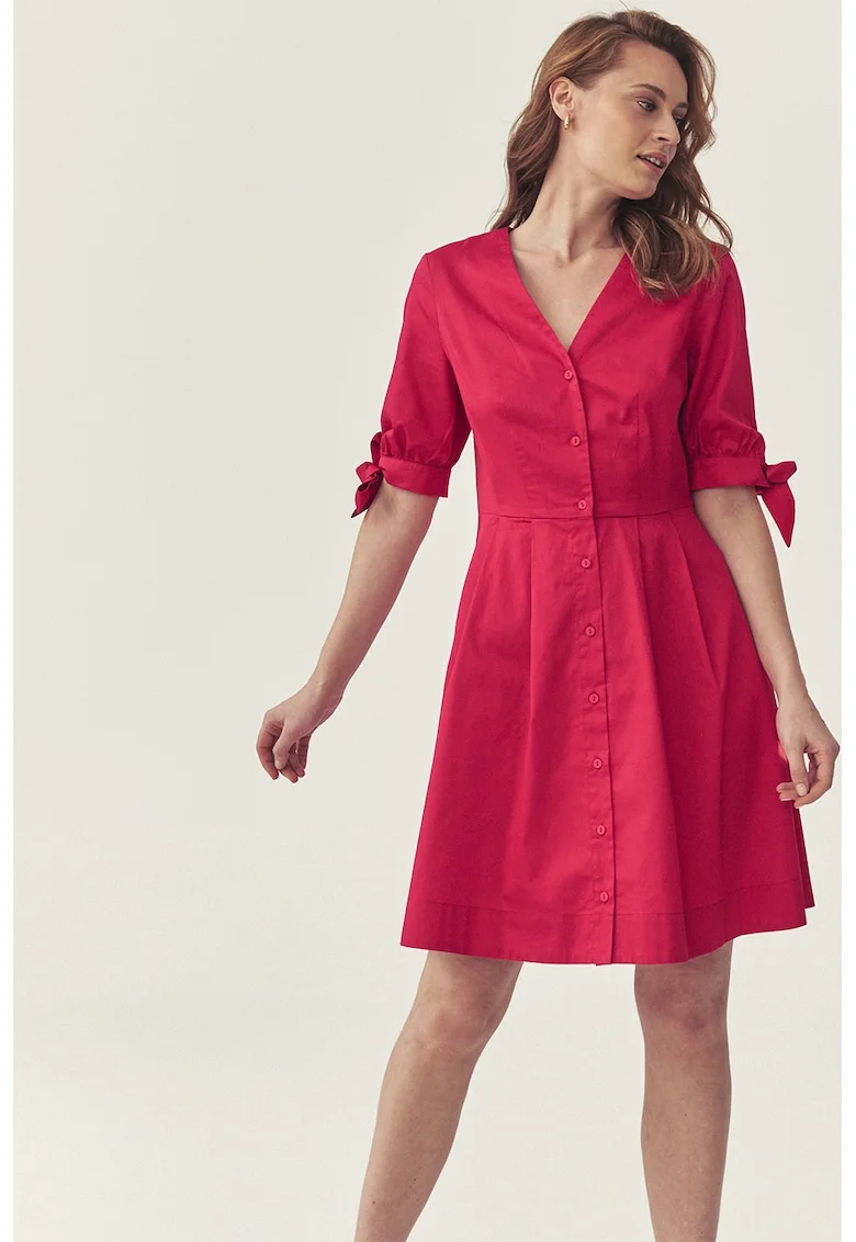 Rochie din bumbac cu decolteu in V, Rosu