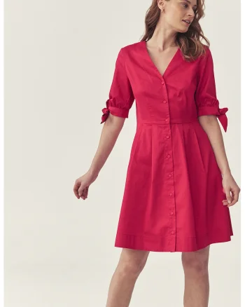 Rochie din bumbac cu decolteu in V, Rosu
