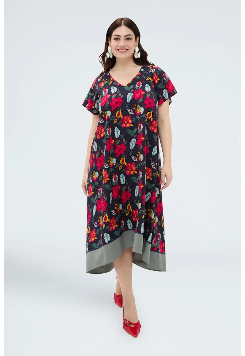 Rochie cu decolteu in V si imprimeu floral, Rosu/Verde/Bleumarin