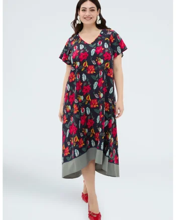 Rochie cu decolteu in V si imprimeu floral, Rosu/Verde/Bleumarin