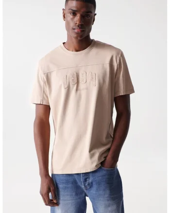 Tricou din bumbac cu decolteu la baza gatului si model brodat