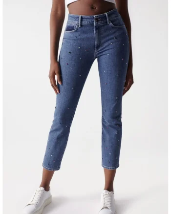 Blugi crop slim fit cu aplicatii decorative Destiny