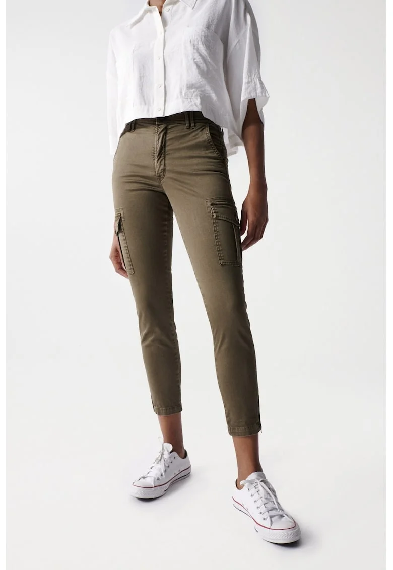 Blugi skinny cargo cu talie inalta
