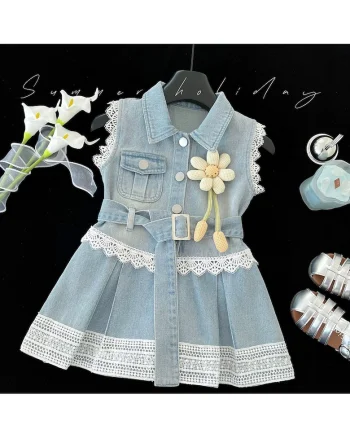 Rochie Blugi Fetițe Denim cu Dantelă Albă și Curea Victoria