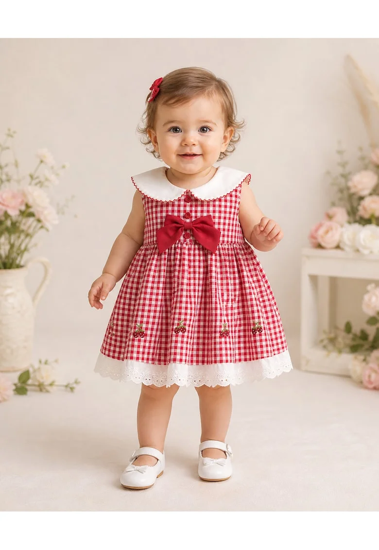 Rochiță Fetițe Carouri Roșu cu Alb Broderie Cireșe Isabella