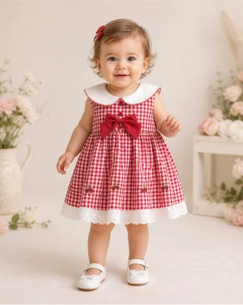 Rochiță Fetițe Carouri Roșu cu Alb Broderie Cireșe Isabella