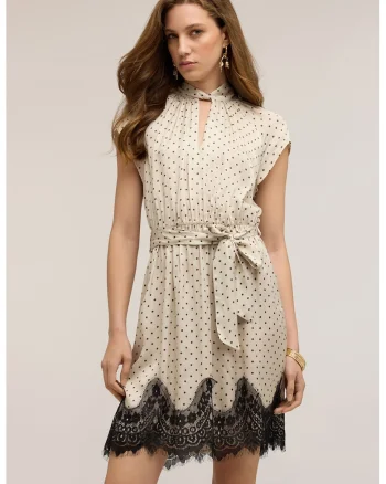 Rochie cu aspect de satin si insertie din dantela la terminatie, Bej