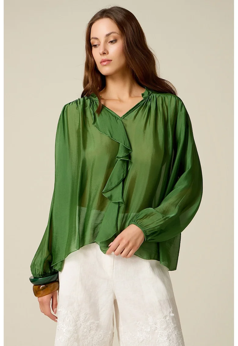 Bluza din amestec de matase cu volane, Verde