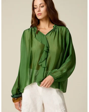 Bluza din amestec de matase cu volane, Verde
